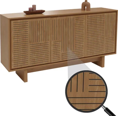 A wooden sideboard with a detailed close-up view of its textured doors.