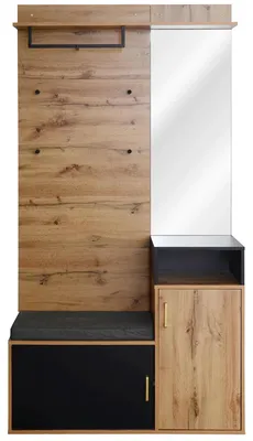 Produktbild von Flur Garderobenset - Kleiderschrank mit Garderobe - Mit Spiegel und Schuhschrank - Wandpaneel mit 4 Haken und Ablage - Sitzbank - Schwarz
