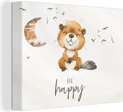 Produktbild von MuchoWow® - Leinwandbilder - Zitate - Glücklich sein - Kinder - Mond - Biber - Aquarell, Wandbild, Wanddeko Bilder Wohnzimmer, 120x90 cm