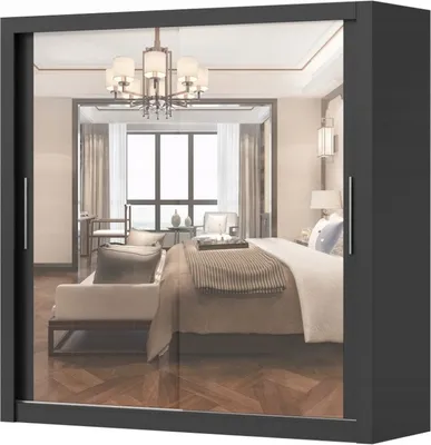 Produktbild von Easy4You MN Schwarz Schiebetürenschrank Kleiderschrank 203x215x64 cm mit Spiegel - Schlafzimmermöbel, Aufbewahrung – Mehrzweckschrank mit 4 Kleiderstangen