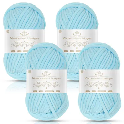 Immagine prodotto di Filato chenille, super grosso, 4 gomitoli da 100g, colore blu acqua, materiale: poliestere, spessore: 7 mm (adatto per ferri da lavoro)