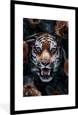 Produktbild von MuchoWow® MuchoWow® Gerahmtes Poster Porträt - Tiger - Blumen 60x90 cm - Poster mit zchwarzem Bilderrahmen - Dekoration - Wandposter Wohnzimmer - Hochwertig