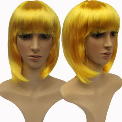 Produktbild von Perücke 30cm Kurzhaar Glatt Pony Bubikopf Karneval Kostüm Fasching Babe Party Cosplay Gold
