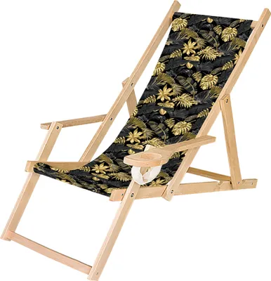 Produktbild von Holz Liegestuhl Klappbar Klappliegestuhl mit Armlehne und Getränkehalter Strandstuhl Motiv Palmen Gold [119]