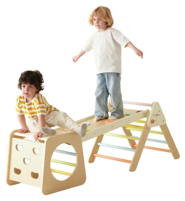 Produktbild von CLASSIC WORLD Holz-Klettergerüst, Montessori-Dreieck 5-in-1 – Indoor-Spielplatz, Fitnessgeräte für Kinder
