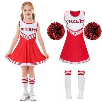 Cheerleader-Kostüm für Mädchen, rot, Gr. 160, mit Pompons & Socken
