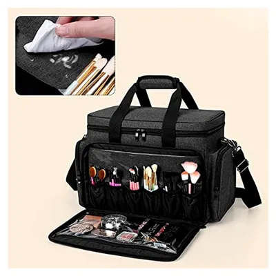 Produktbild von Make Up Organizer Tasche, Kosmetik Aufbewahrung für Make Up, Große Kosmetiktasche für Make Up Set, Kosmetikkoffer für Damen, Kosmetik Organizer für Unterwegs, OHNE ZUBEHÖR, Schwarz