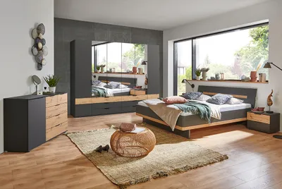 Produktbild von Schlafzimmer Komplett Set GRANADA-43 mit Bett 180x200cm und 6-trg. Kleiderschrank in graphit mit Artisan Eiche Nb.
