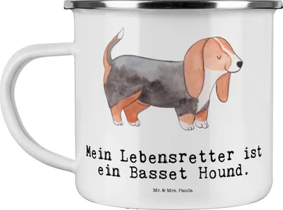 Produktbild von Mr. & Mrs. Panda Pott Basset Hound Lebensretter - Weiß - Geschenk, Teetasse, Emailletasse, Haferl, Emaille Tasse, becher