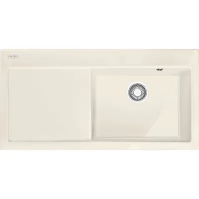 A top-down view of a cream-colored kitchen sink with a drain and a separate drying area.