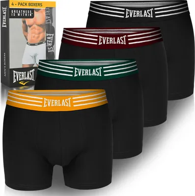 Immagine prodotto di Everlast set di boxer da uomo in cotone - Intimo confortevole con Spandex, Vestibilità perfetta, Senza motivo, Vita elasticizzata, Confezione da 4 pezzi, Nero M