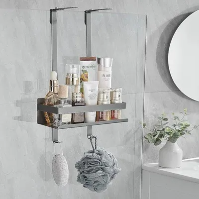 Produktbild von Unyqoos® Hängender Dusch-Organizer (Edelstahl) 37x25x10 cm – Duschkorb 25x10 cm, ohne Bohren, 2 Haken & 2 Saugnäpfe, verstellbarer Türhaken 11 cm, grau