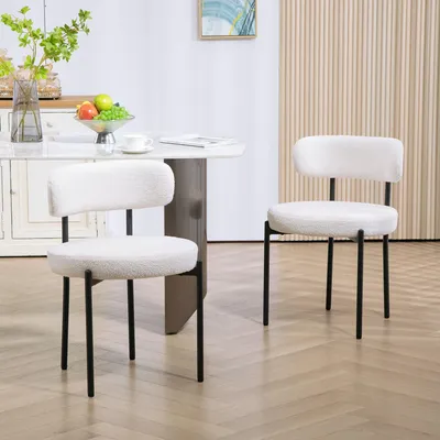 Image de Ensemble de 2 chaises de salle à manger – Chaises confortables revêtues de polaire, avec pieds en acier, de couleur crème