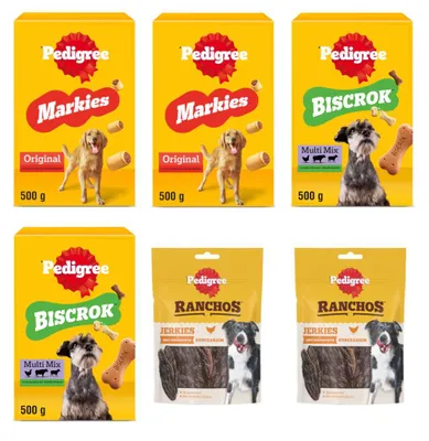 Zdjęcie produktu dla Pedigree Zestaw Przysmaków Ciasteczka 4x500g + Ranchos Jerkies 2x70g Z Kurczakiem