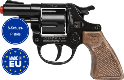 Spielzeug-Revolver mit EU-Logo „Made in EU“ und Hinweis „8-Schuss-Pistole“.