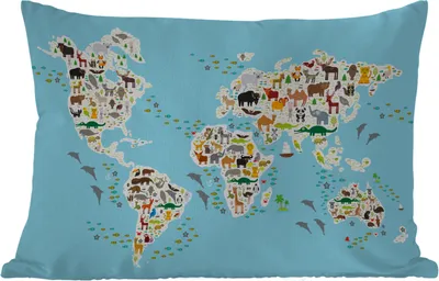 Produktbild von MuchoWow® Outdoor Kissen - Weltkarte - Kinder - Tiere - Blau - Jungen - Mädchen - 60x40 cm - Wetterfest - Lounge Kissen - Zierkissen - Kissen für Innenräume