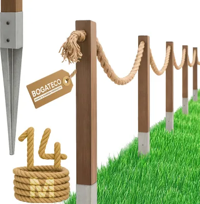 A product image showing a rope fence with wooden posts and a metal stake, set against a white background and a grassy slope.