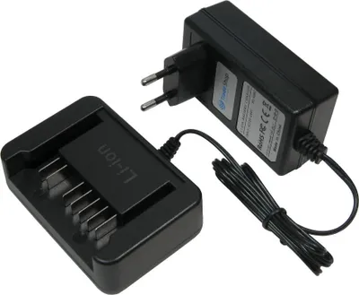 A black battery charger and its power adapter are shown on a white background.