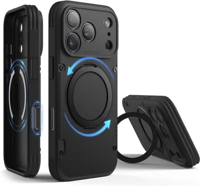 A black iPhone case with a magnetic ring stand is shown from multiple angles against a white background.