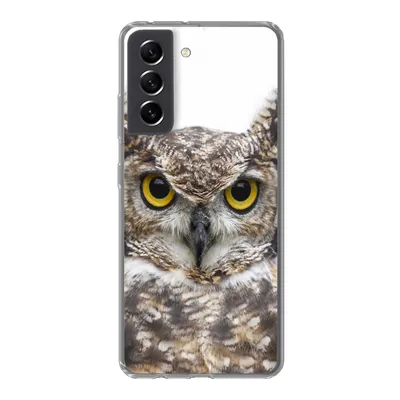 Produktbild von MuchoWow® Handyhülle Schutzhülle Hülle für Samsung Galaxy S21 FE Porträt einer braunen Eule auf weißem Hintergrund Silikon Softcase Handy Hülle - Mobiltelefonhülle