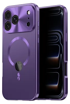 A purple iPhone case with a camera lens protector and a magnetic ring for MagSafe charging is shown.