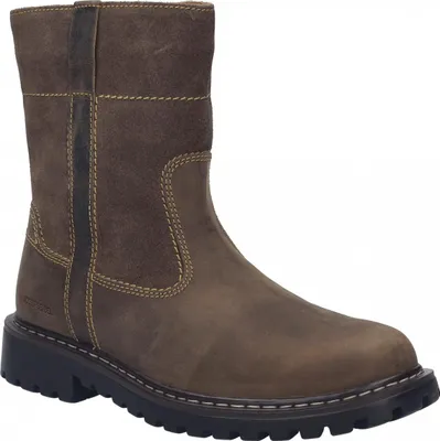 A single brown leather boot is shown against a white background.