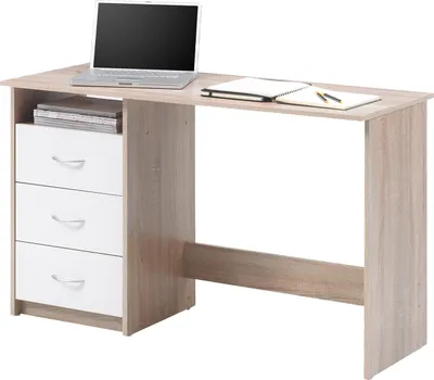 A desk with a laptop and notebooks on it, set against a white background.