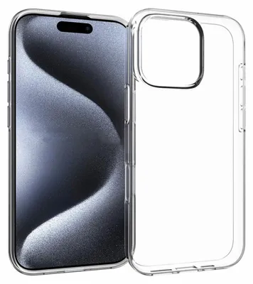 A clear, transparent phone case is shown next to a smartphone.