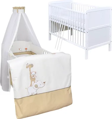Produktbild von Baby-Delux Babybett Kinderbett Umbaubar 140x70 Weiß Bettset Komplett mit Motiv Zirkus Beige