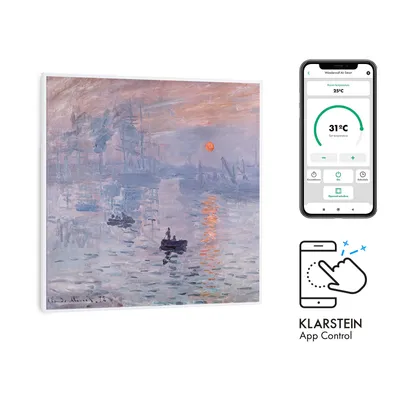 A painting of a harbor scene at sunrise is shown next to a smartphone displaying a heating app and an icon indicating app control.