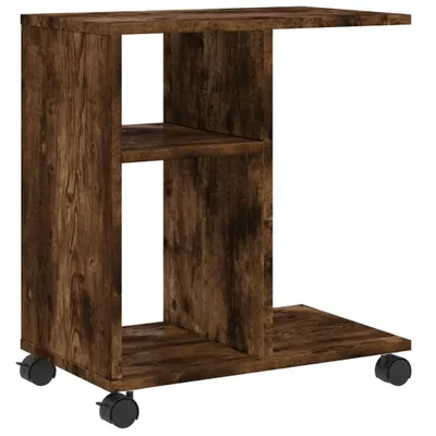 A wooden side table with wheels on a white background.