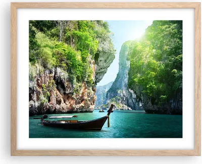Produktbild von Gerahmtes Poster - Rahmen in heller Eiche - Boot Klippen Natur Felsen - 50x40 cm - Wand Bild - Wanddeko - Wandbilder - Wandposter - Bilderrahmen - Bilder - Kunstdruck - Wandbild - P2NAA50x40-2787
