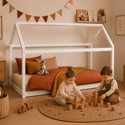 Produktbild von Homestyle4u Kinderbett 90x200 mit Lattenrost Kinder Haus Holz Kiefer Hausbett Weiß