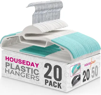 A pack of white plastic hangers with teal accents, displayed on top of their packaging.