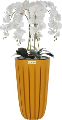 Image de Orchidée artificielle Blanc Bouquet de fleurs en cascade en pot avec rainures Jaune, H 100 cm, fleurs caoutchoutées, 5 pousses Décoration Belle Élégante Pour la maison, le bureau, cadeau parfait
