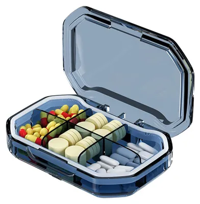 Produktbild von Tägliche Pillenbox, 6 Fächer, tragbare Pillendose, Mini-Pillenbehälter für die Hosentasche, Medikamentenbox, blau