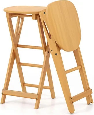 A wooden folding bar stool is shown against a white background.