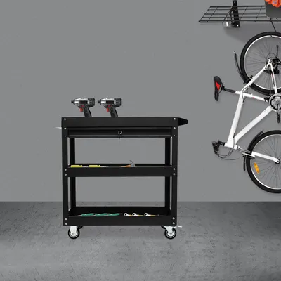 Image de Chariot d'outils à 3 niveaux - Capacité de charge : 150 kg - Acier - Avec tiroirs et roues