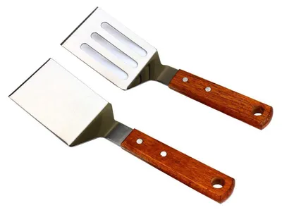 Zdjęcie produktu dla Zestaw dwóch łopatek do smażenia i grillowania ze stali nierdzewnej z drewnianymi uchwytami