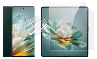 A foldable phone is shown partially open, with a screen protector being applied to the larger screen.