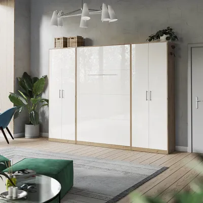 Produktbild von Schrankbett Set mit Schrankbett 140x200 Vertikal + 2 x 80-Schränke Wildeiche/Weiss Hochglanz
