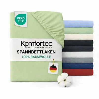 A stack of folded bed sheets in various colors, with one green sheet prominently displayed in the foreground with product information.