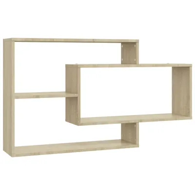 A wooden wall shelf unit with an abstract, interlocking design.