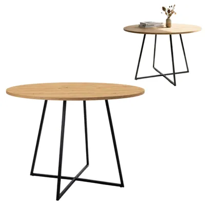 Image de EstiloHome, table de salle à manger YAMA B, forme ronde, diamètre 90 cm, en chêne "Artisan" – table de cuisine avec structure métallique