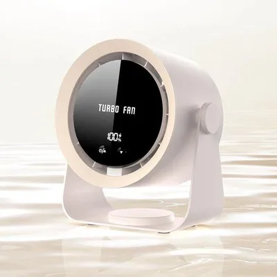 Produktbild von Oplaadbare USB Tafelventilator mit Digitalanzeige, sehr leise, 5 Geschwindigkeiten, 90° Drehbar, hängbar für Wohnzimmer, Küche, Büro