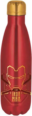 A red metal water bottle with a gold cap and an Iron Man mask design.