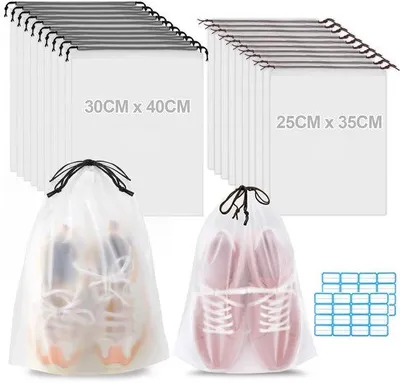 Produktbild von Unyqoos® 20er Set transparente Schuhbeutel – wasserabweisendes PE, wiederverwendbar, mit beidseitigem Kordelzug als Griff, Größen 30×40 & 25×35 cm, Reise- & Aufbewahrungsbeutel