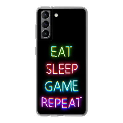 Produktbild von MuchoWow® Handyhülle Schutzhülle Hülle für Samsung Galaxy S21 Gaming - Led - Zitat - Eat sleep game repeat - Gaming Silikon Softcase Handy Hülle - Softcase