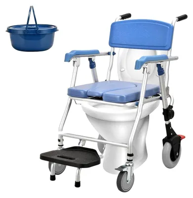 Produktbild von Toilettenstuhl für Senioren mit Rollen, multifunktionaler Duschstuhl klappbar, fahrbarer Toilettenrollstuhl mit Urineimer für ältere und behinderte Personen (Blau, A)