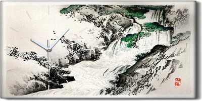 Produktbild von Dekor Leinwand Uhr Wandbilder 60x30 Malerei Asiatische Wasserfall Baum Wellen - weiße Hände